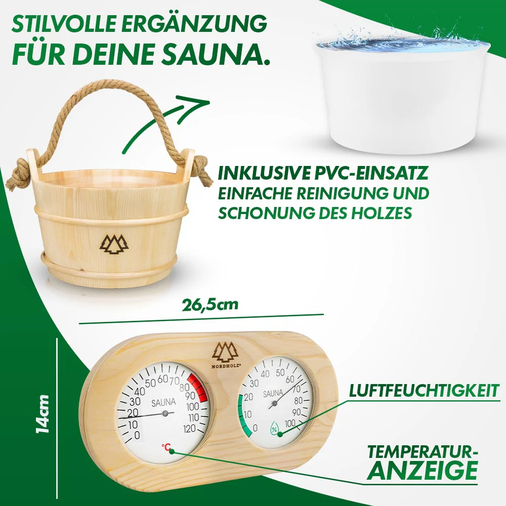 Sauna Eimer Set (Eimer, Kelle, Sanduhr, Doppelt Hygrometer Holz) - Image 4