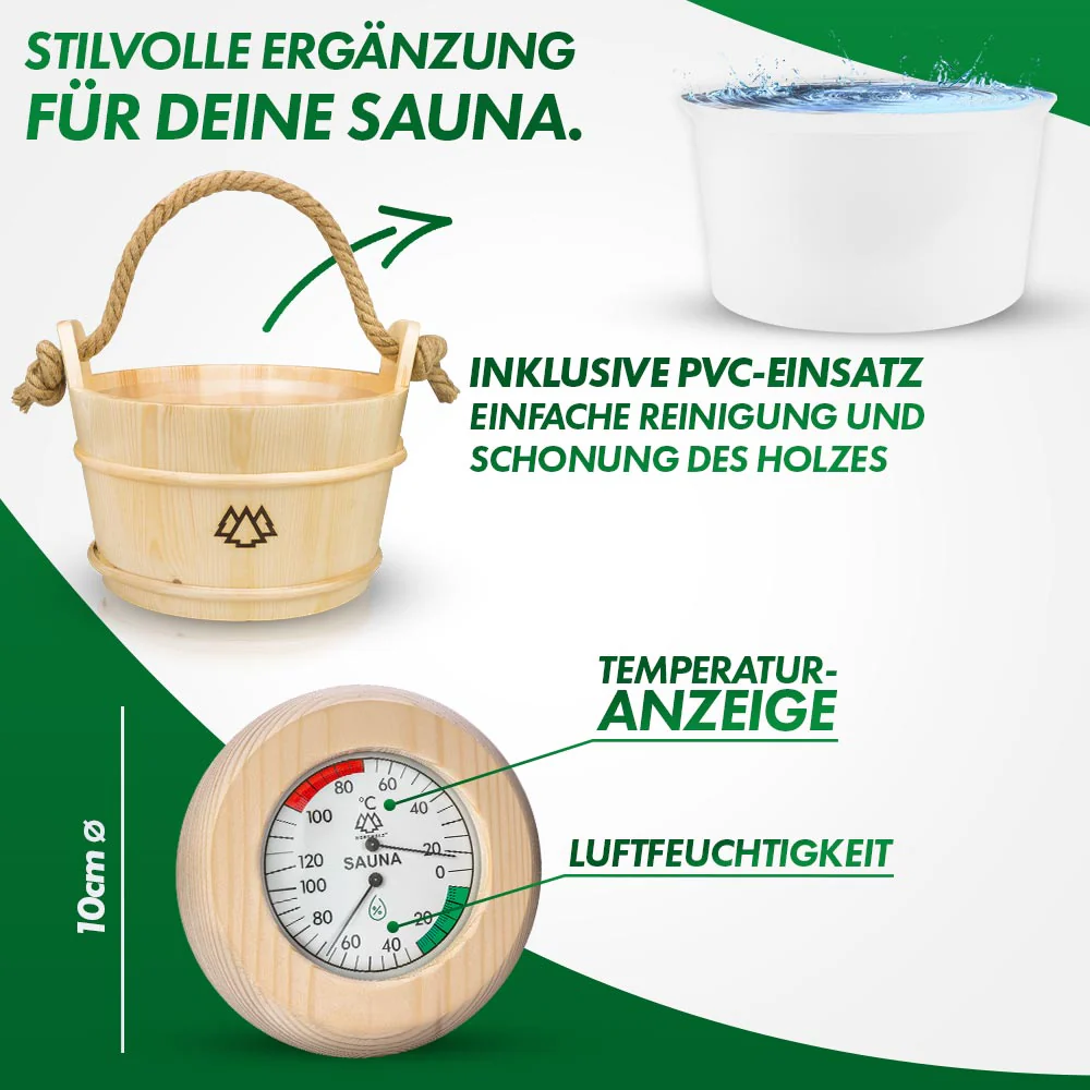 Sauna Eimer Set (Eimer, Kelle, Sanduhr, Hygrometer Holz) - Image 4