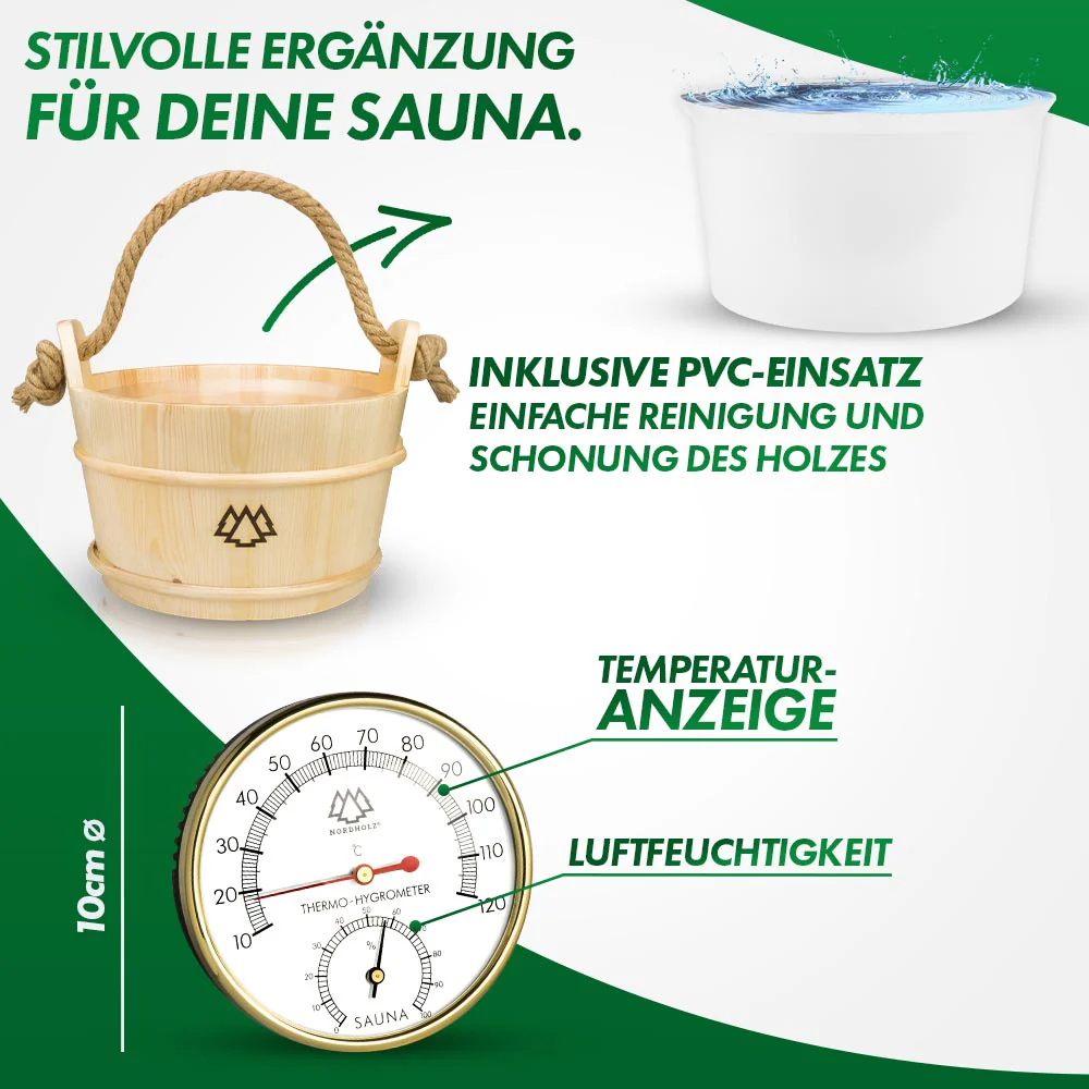 Sauna Eimer Set (Eimer, Kelle, Sanduhr, Hygrometer Alu) - Image 4