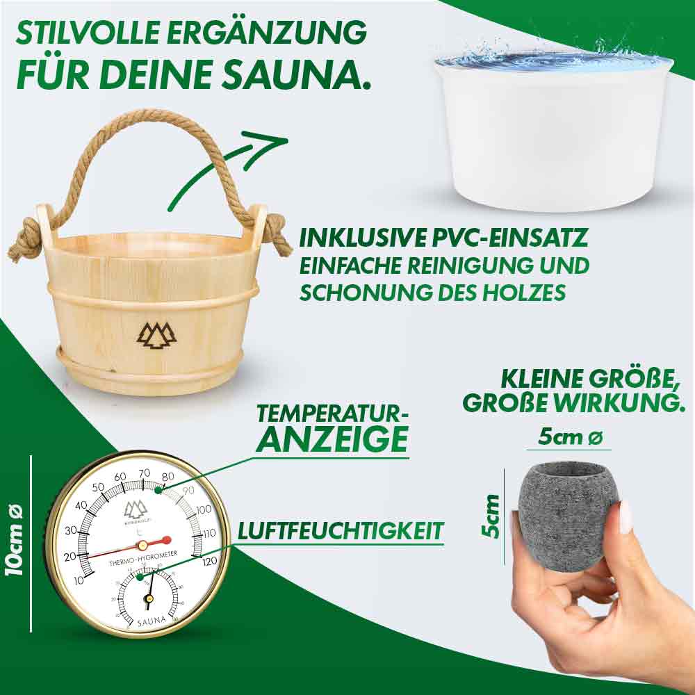 Sauna Eimer Set (Eimer, Kelle, Sanduhr, Hygrometer Alu, Aufgussschale, Mentholkristalle) - Image 4